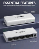 Two white network switches with labeled features on a dark blue background