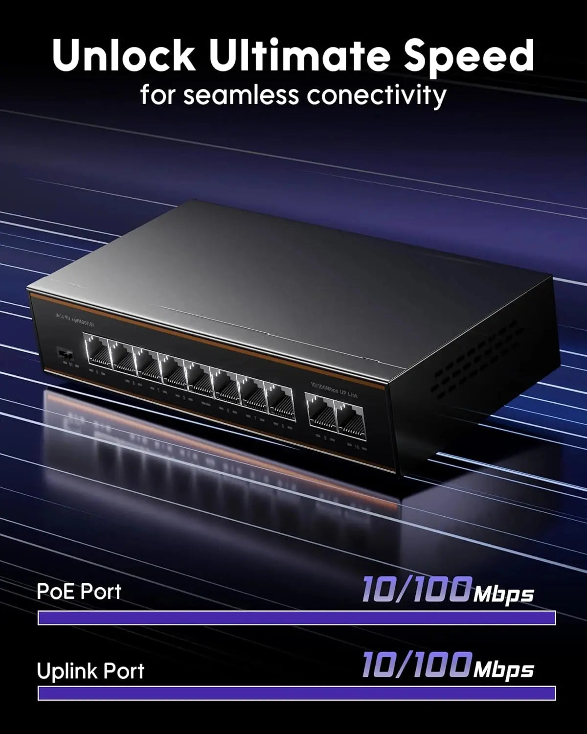 FEDUS NextSwitch 10 Port AI PoE Switch, 10/100 Mbps 8 PoE + 2 Uplink 130W Unmanaged Active PoE for IP Cameras, NVR, VoIP, 250m Long Range, VLAN Isolation, 6KV Surge Protection Ethernet LAN Extender FEDUS