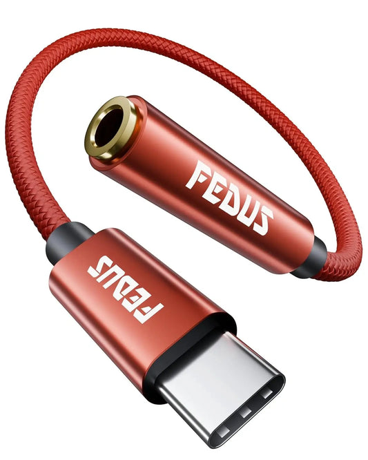 FEDUS Novus USB Type C to 3.5mm Audio Jack Adapter Connector, DAC Chip Headphone Earphones Converter Aux Dongle Cable Compatible with Mobile, iPhone 15/16, Samsung S24/S23/S21, OnePlus, Pixel, iPad, 5.5-Inch FEDUS