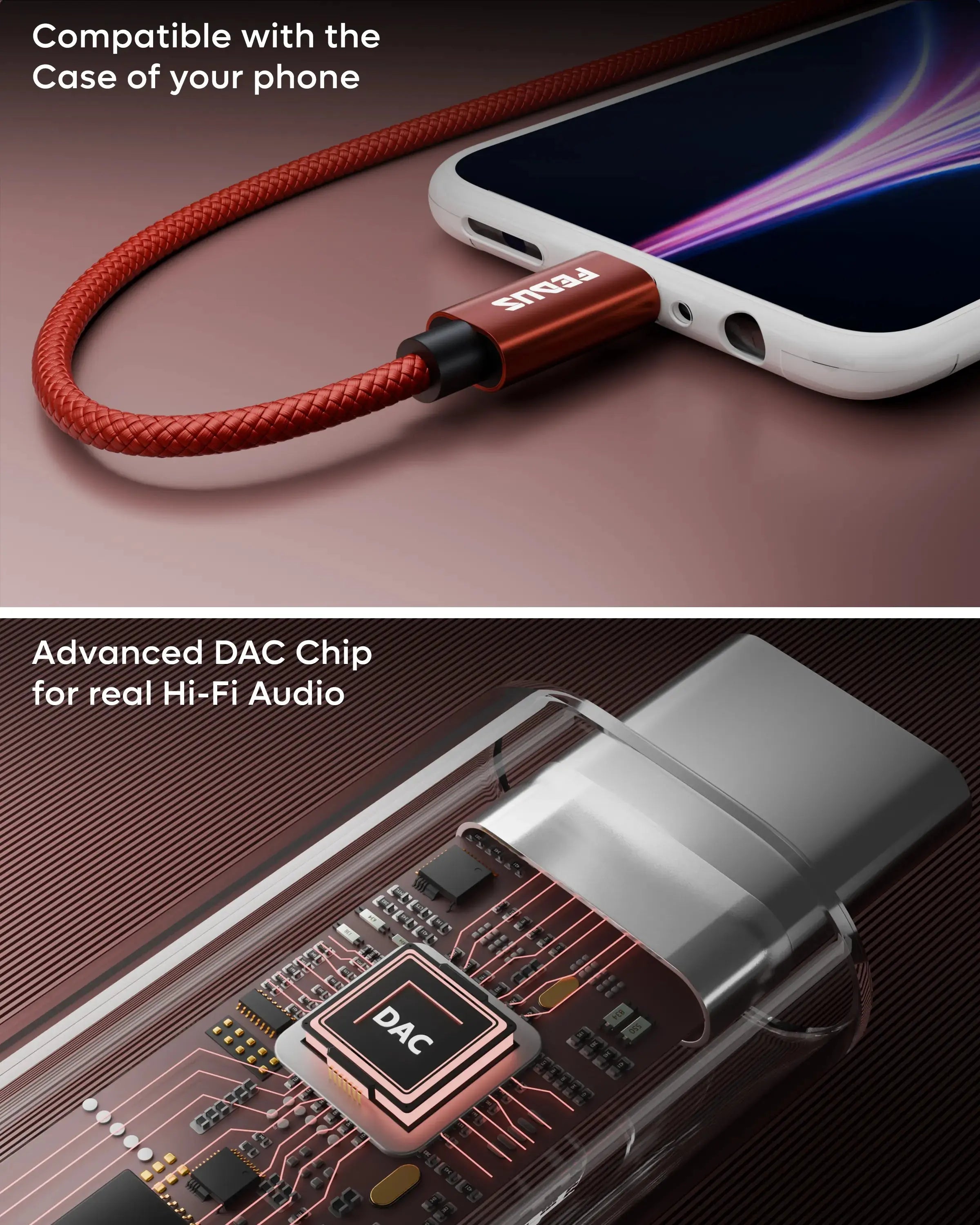 FEDUS Novus USB Type C to 3.5mm Audio Jack Adapter Connector, DAC Chip Headphone Earphones Converter Aux Dongle Cable Compatible with Mobile, iPhone 15/16, Samsung S24/S23/S21, OnePlus, Pixel, iPad, 5.5-Inch FEDUS