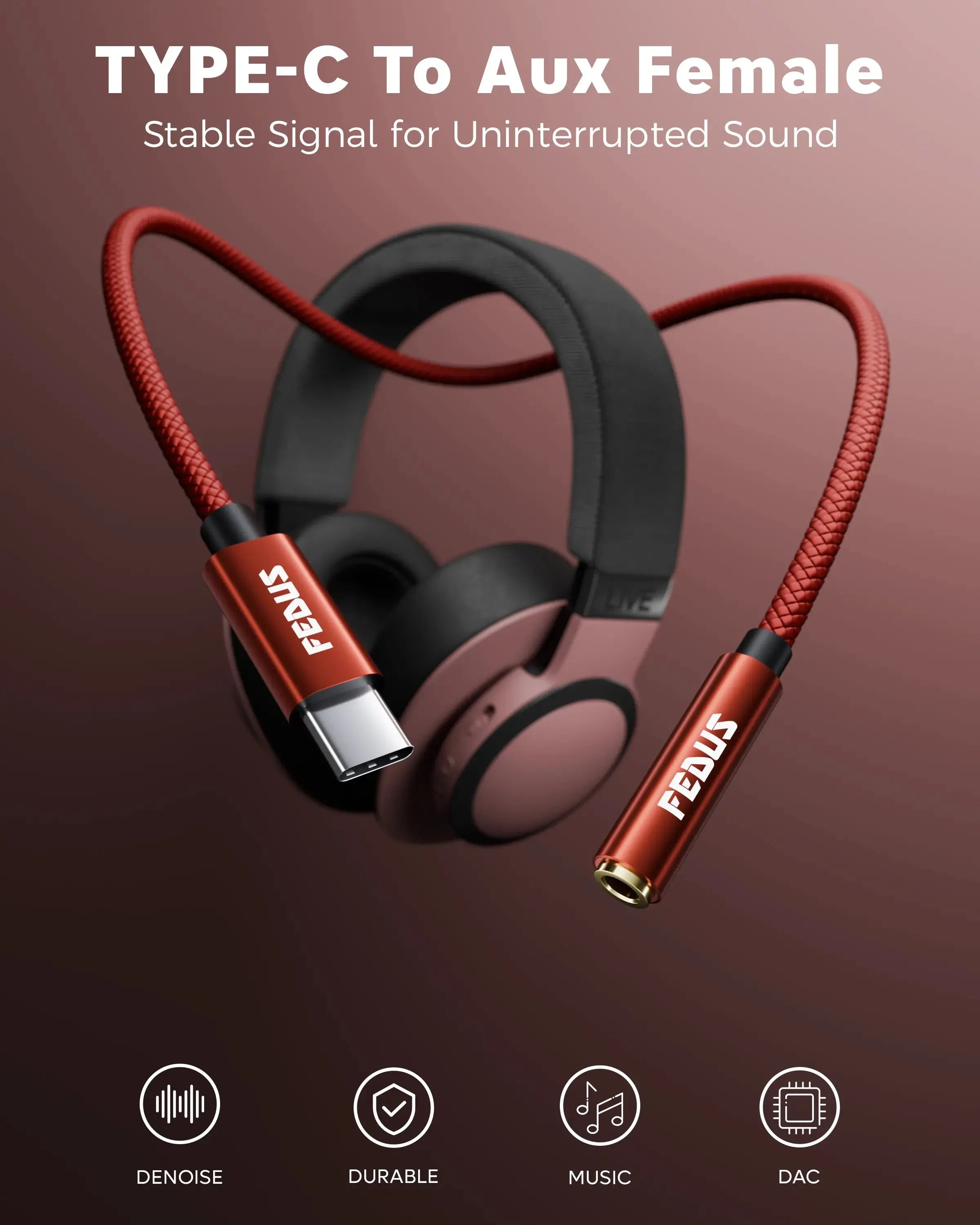 FEDUS Novus USB Type C to 3.5mm Audio Jack Adapter Connector, DAC Chip Headphone Earphones Converter Aux Dongle Cable Compatible with Mobile, iPhone 15/16, Samsung S24/S23/S21, OnePlus, Pixel, iPad, 5.5-Inch FEDUS
