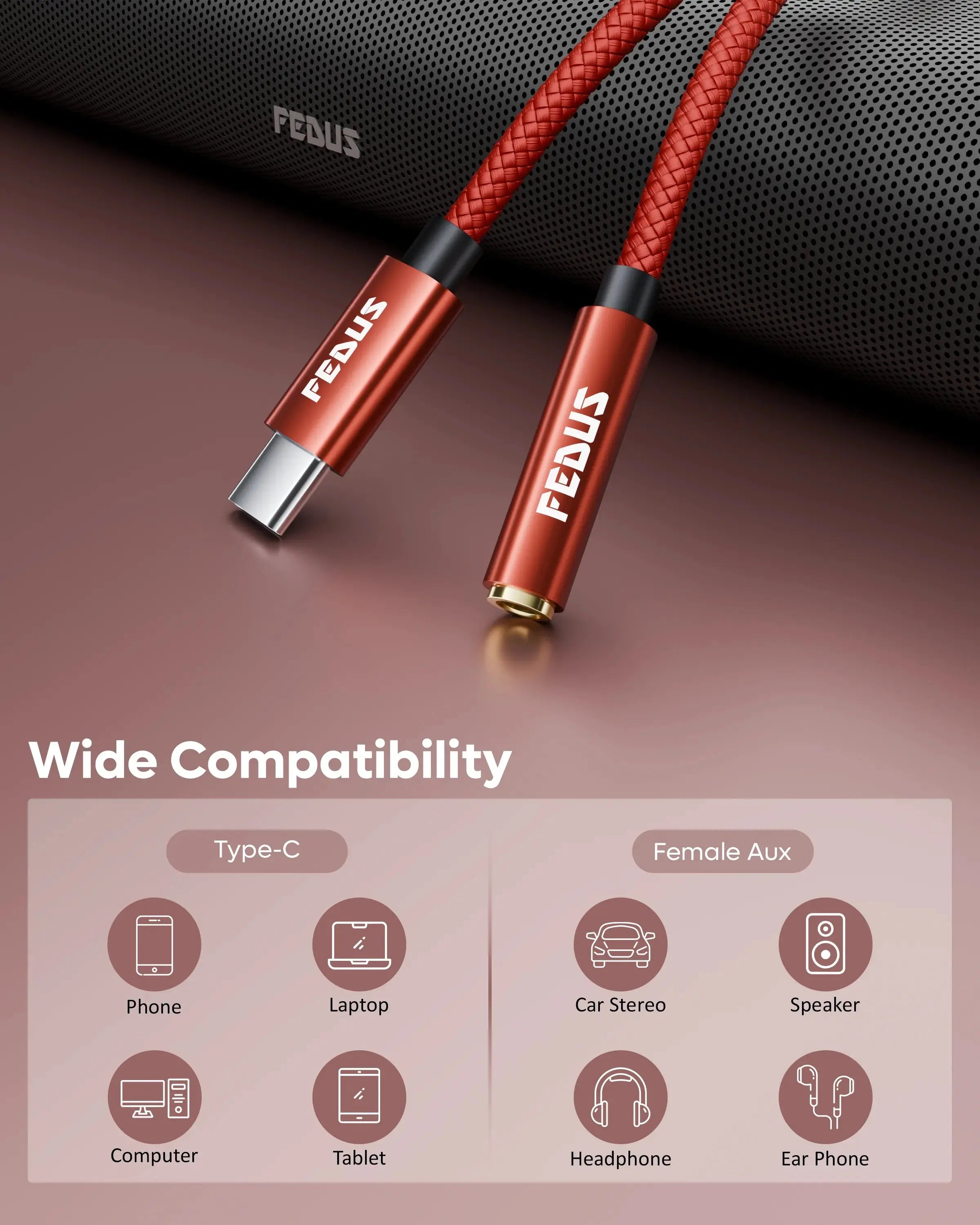 FEDUS Novus USB Type C to 3.5mm Audio Jack Adapter Connector, DAC Chip Headphone Earphones Converter Aux Dongle Cable Compatible with Mobile, iPhone 15/16, Samsung S24/S23/S21, OnePlus, Pixel, iPad, 5.5-Inch FEDUS