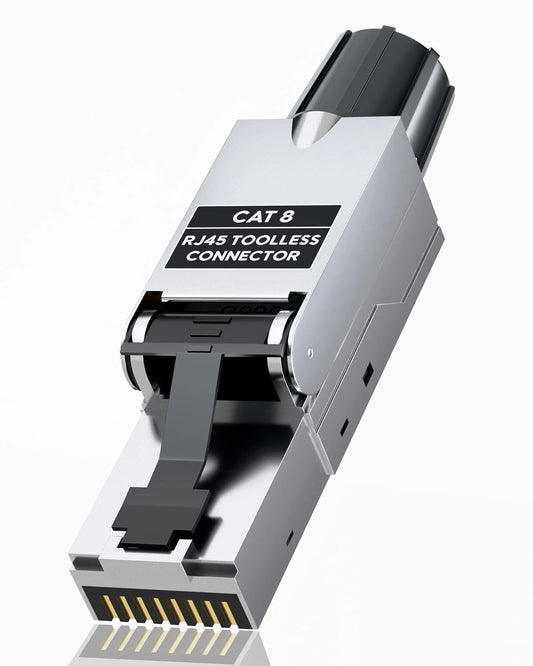 CAT 8 RJ45 toolless connector shown at an angle on a clean white background with a subtle reflection.