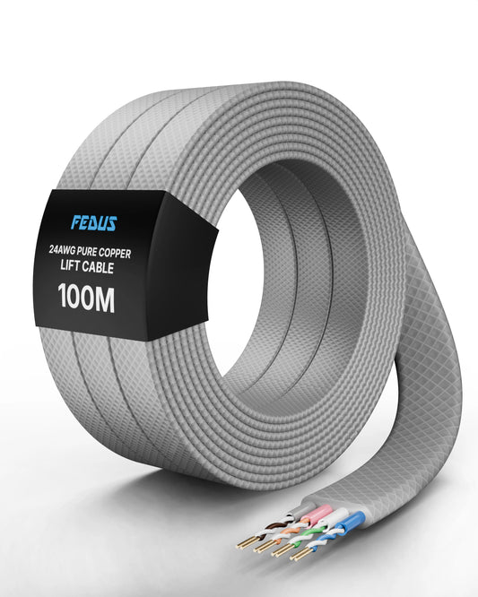 Gray cable with a black label on a white background