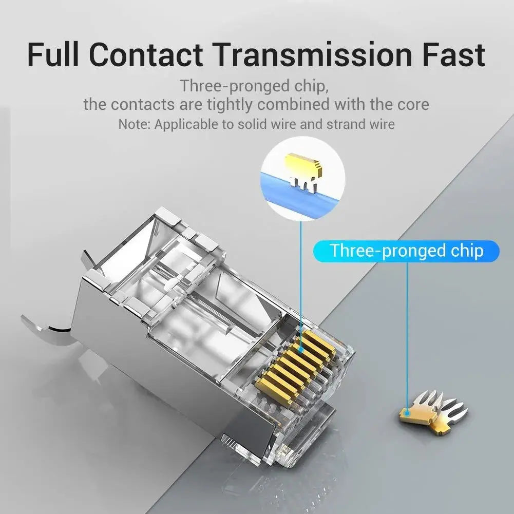 FEDUS RJ45 Cat7 & Cat6A Crimping Connectors plug, 50U Nickel Plated 3 Prong Shielded FTP/STP External Ground 23 AWG (0.573mm) Cable, RJ45 8P8C Plug, SILVER FEDUS