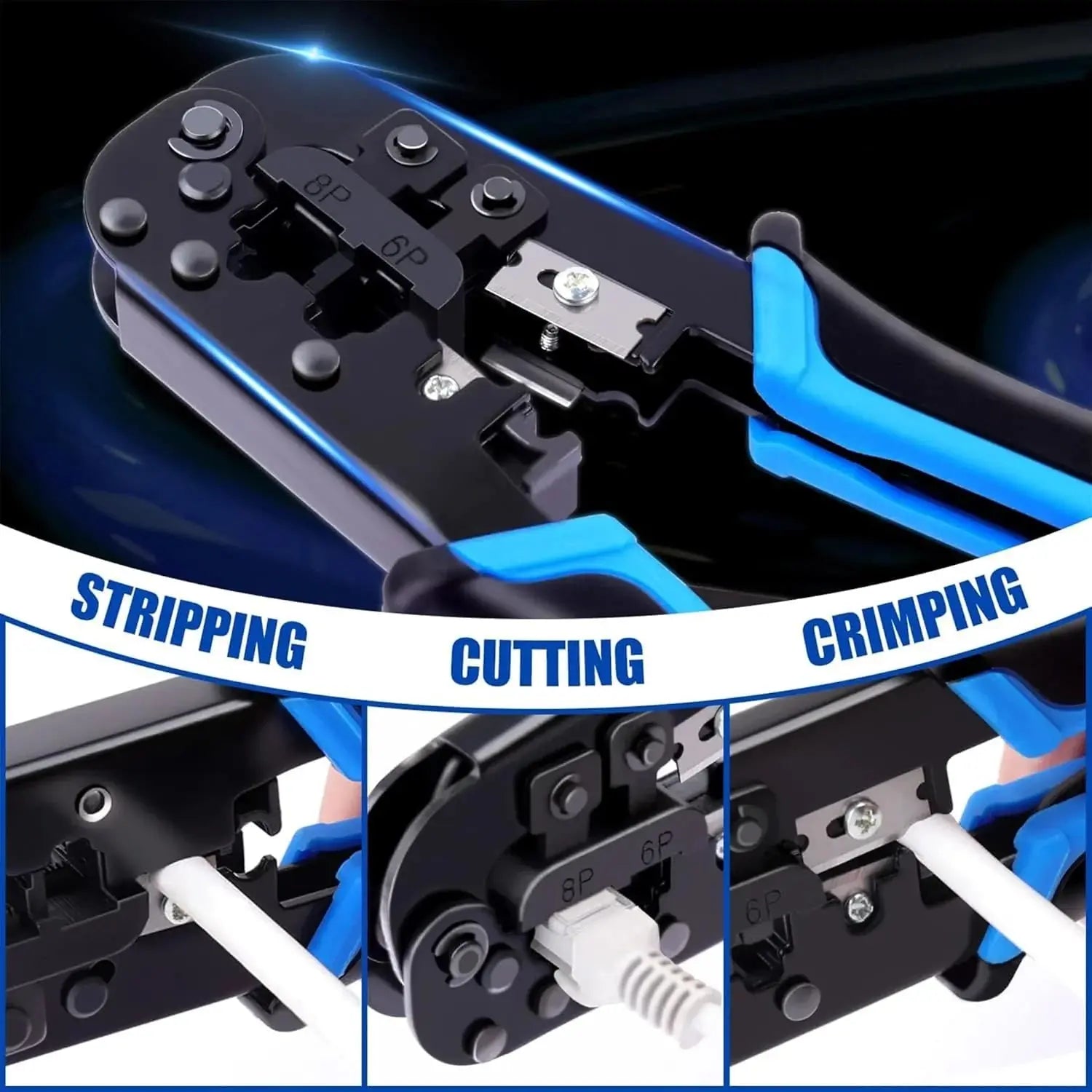 FEDUS RJ45 Crimping Tool Kit, Crimping Tool rj45 Crimping machine for Cat6A Cat5e Cat5 RJ45 Ethernet tool kit, 25PCS rj45 Connector, Network lan Tester, Cut and Strip Tool, Punch Down Tool Black COMBO-5 FEDUS