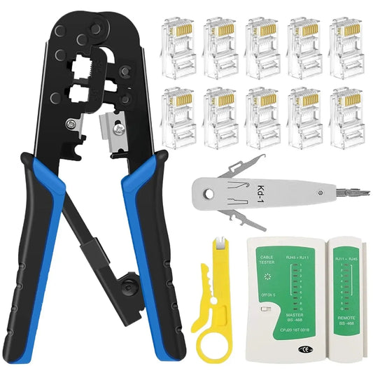 FEDUS RJ45 Crimping Tool Kit, Crimping Tool rj45 Crimping machine for Cat6A Cat5e Cat5 RJ45 Ethernet tool kit, 25PCS rj45 Connector, Network lan Tester, Cut and Strip Tool, Punch Down Tool Black COMBO-5 FEDUS