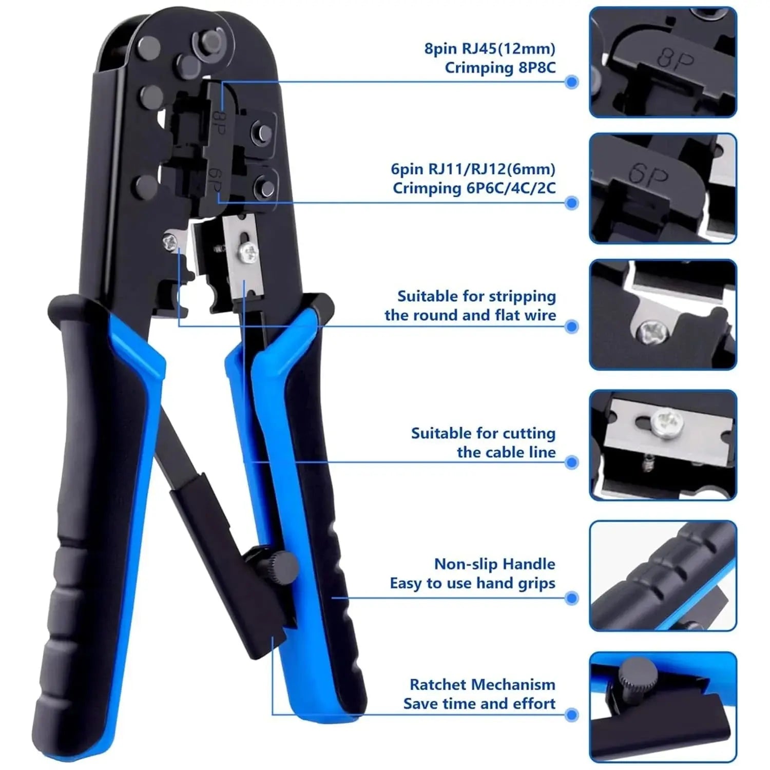 FEDUS RJ45 Crimping Tool Kit, Crimping Tool rj45 Crimping machine for Cat6A Cat5e Cat5 RJ45 Ethernet tool kit, 25PCS rj45 Connector, Network lan Tester, Cut and Strip Tool, Punch Down Tool Black COMBO-5 FEDUS