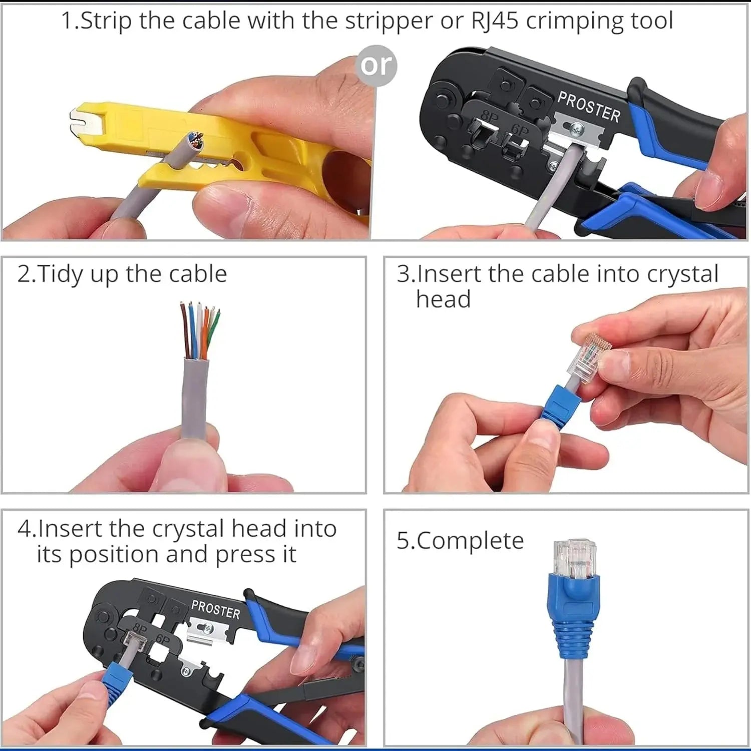 FEDUS RJ45 Crimping Tool Kit, Crimping Tool rj45 Crimping machine for Cat6A Cat5e Cat5 RJ45 Ethernet tool kit, 25PCS rj45 Connector, Network lan Tester, Cut and Strip Tool, Punch Down Tool Black COMBO-5 FEDUS
