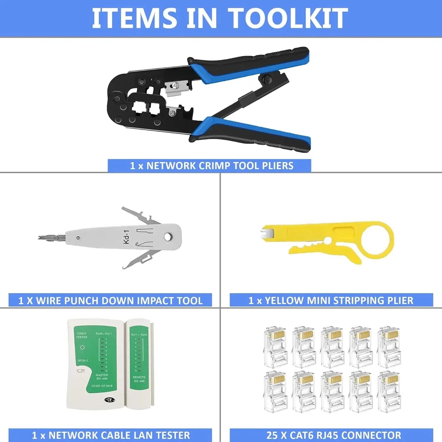 FEDUS RJ45 Crimping Tool Kit, Crimping Tool rj45 Crimping machine for Cat6A Cat5e Cat5 RJ45 Ethernet tool kit, 25PCS rj45 Connector, Network lan Tester, Cut and Strip Tool, Punch Down Tool Black COMBO-5 FEDUS