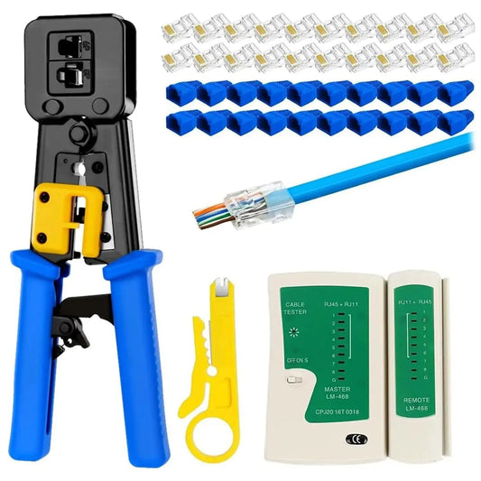 FEDUS RJ45 Crimping Tool Kit, Passthrough Crimping Tool rj45 Crimping machine for Cat6A Cat6 Cat5e Cat5 RJ45 Ethernet tool kit, 25PCS rj45 Passthrough Connector & RJ45 Boot Covers, Cut and Strip Tool Blue COMBO-2 FEDUS