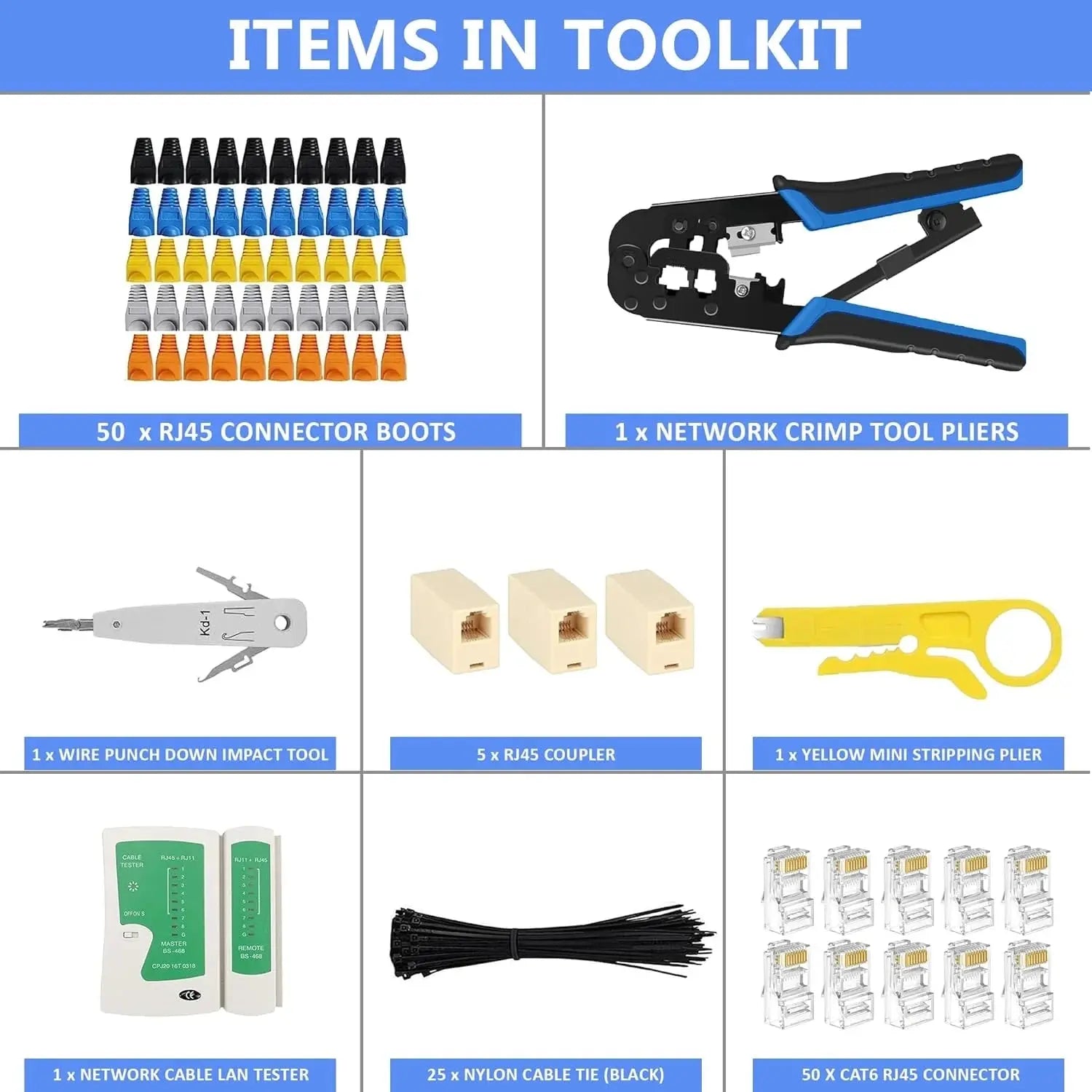 FEDUS RJ45 Crimping Tool Kit, Crimping Tool rj45 for Cat6A Cat5e Cat5 RJ45, 50PCS rj45 Connector & Boot Covers, Network lan Tester, Cut and Strip Tool, 25 Cable Ties Punch Down Tool,5Pcs RJ45 coupler Black 7 in 1 FEDUS