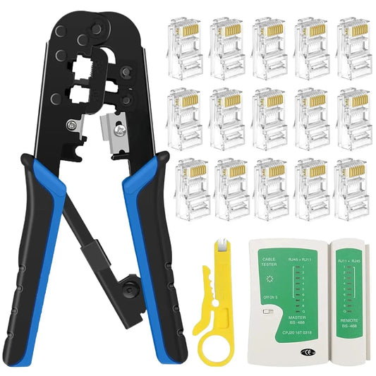 FEDUS RJ45 Crimping Tool Kit, Crimping Tool rj45 Crimping Machine for Cat6A Cat5e Cat5 RJ45 Ethernet tool kit, 100PCS rj45 Connector, Network Lan Tester, Cut and Strip Tool Black COMBO-3 FEDUS