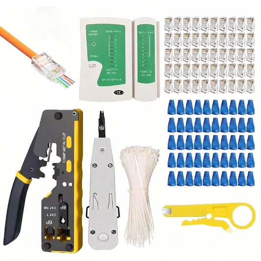 FEDUS RJ45 Crimping Tool Kit, Passthrough Crimping Tool RJ45 for Cat8 Cat7 Cat6A Cat5E Cat5, 25PCS RJ45 Connector & Boot Covers, Network lan Tester, Cut and Strip Tool,25 Cable Ties, KD-1 Punch Down Tool, Green, combo-3 FEDUS