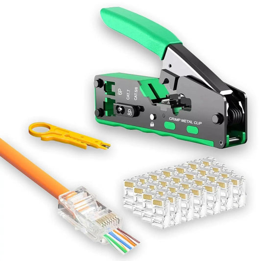FEDUS RJ45 Crimping Tool Kit, Passthrough Crimping Tool rj45 Crimping machine for Cat8 Cat7 Cat6A Cat6 Cat5E Cat5 RJ45 Ethernet tool kit, 25PCS rj45 Passthrough Connector, Cut and Strip Tool, Green, combo-1 FEDUS