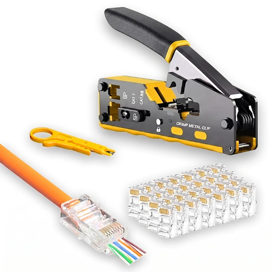 FEDUS RJ45 Crimping Tool Kit, Passthrough Crimping Tool rj45 Crimping machine for Cat8 Cat7 Cat6A Cat6 Cat5E Cat5 RJ45 Ethernet tool kit, 25PCS rj45 Passthrough Connector, Cut and Strip Tool, Green, combo-1 FEDUS