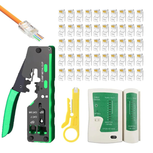 FEDUS RJ45 Crimping Tool Kit, Passthrough Crimping Tool RJ45 for Cat8, Cat7, Cat6A, Cat5E, Cat5 RJ45, 25PCS RJ45 Connector, Network LAN Tester, Cut and Strip Tool, Green, combo-4 FEDUS