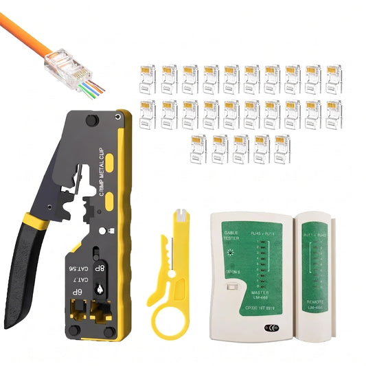 FEDUS RJ45 Crimping Tool Kit, Passthrough Crimping Tool RJ45 for Cat8, Cat7, Cat6A, Cat5E, Cat5 RJ45, 25PCS RJ45 Connector, Network LAN Tester, Cut and Strip Tool, Green, combo-4 FEDUS