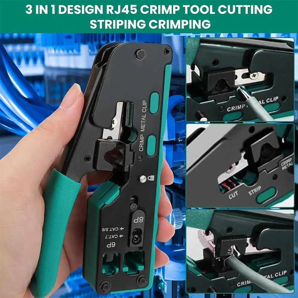 FEDUS RJ45 Crimping Tool Kit, Passthrough Crimping Tool rj45 Crimping machine for Cat8 Cat7 Cat6A Cat6 Cat5E Cat5 Ethernet tool kit, 25PCS Passthrough Connector & Boot Covers, Cut and Strip Tool, Green, combo-2 FEDUS