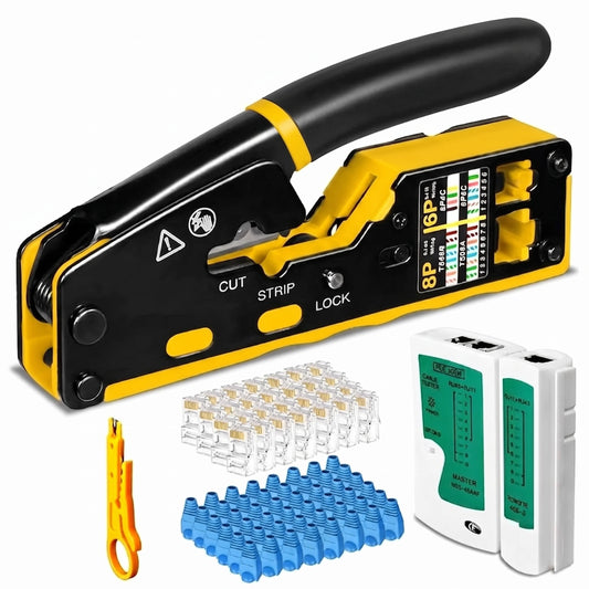 FEDUS RJ45 Crimping Tool Kit, Passthrough Crimping Tool rj45 Crimping machine for Cat8 Cat7 Cat6A Cat6 Cat5E Cat5 Ethernet tool kit, 25PCS Passthrough Connector & Boot Covers, Cut and Strip Tool, Green, combo-2 FEDUS