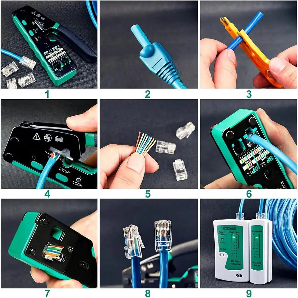 FEDUS RJ45 Crimping Tool Kit, Passthrough Crimping Tool rj45 Crimping machine for Cat8 Cat7 Cat6A Cat6 Cat5E Cat5 Ethernet tool kit, 25PCS Passthrough Connector & Boot Covers, Cut and Strip Tool, Green, combo-2 FEDUS