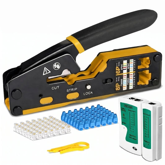 FEDUS RJ45 Crimping Tool Kit, Passthrough Crimping Tool RJ45 for Cat8 Cat7 Cat6A Cat5E Cat5 RJ45, 25PCS RJ45 Connector & Boot Covers, Network LAN Tester, Cut and Strip Tool, Green, combo-5 FEDUS
