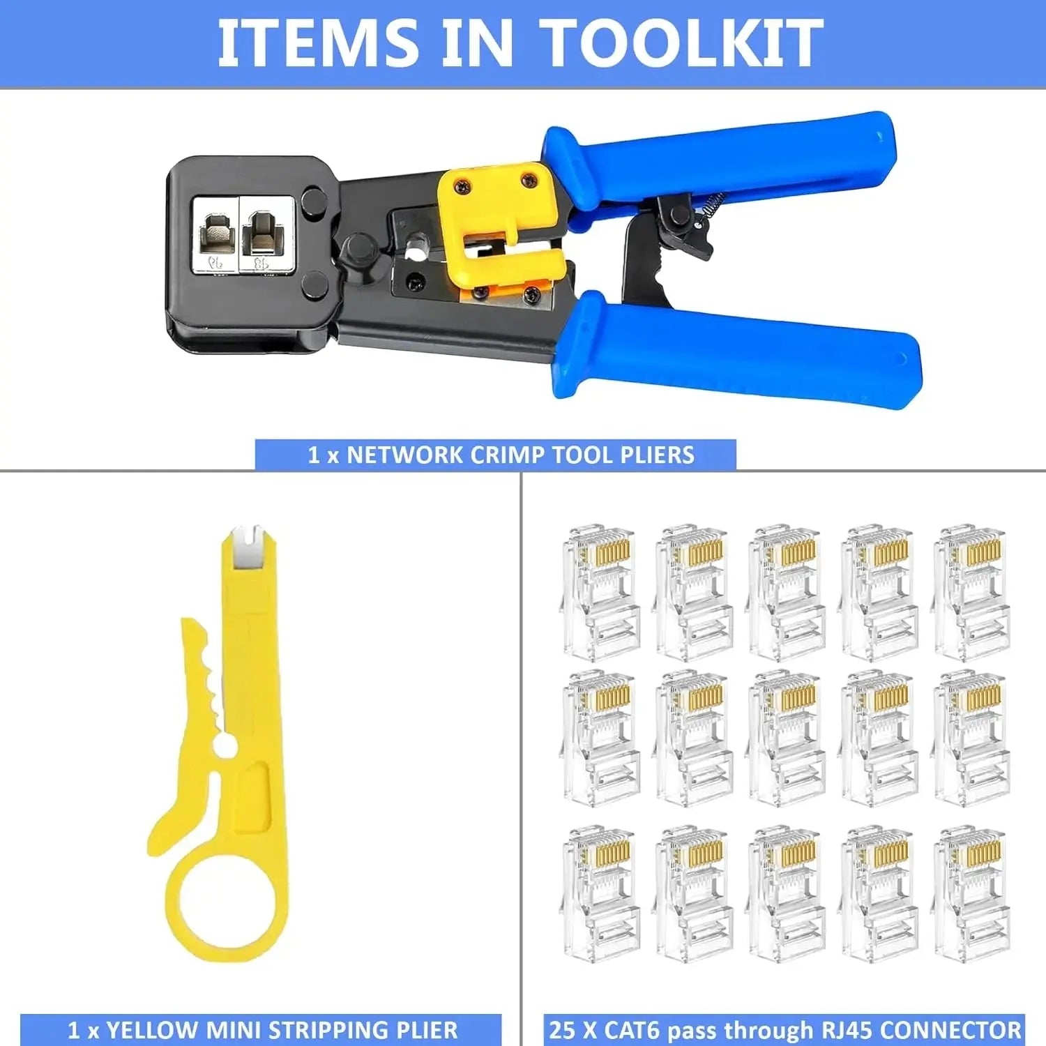 FEDUS RJ45 Crimping Tool Kit, Passthrough Crimping Tool rj45 Crimping machine for Cat6A Cat6 Cat5E Cat5 RJ45 Ethernet tool kit, 25PCS rj45 Passthrough Connector, Cut and Strip Tool Blue COMBO-1 FEDUS