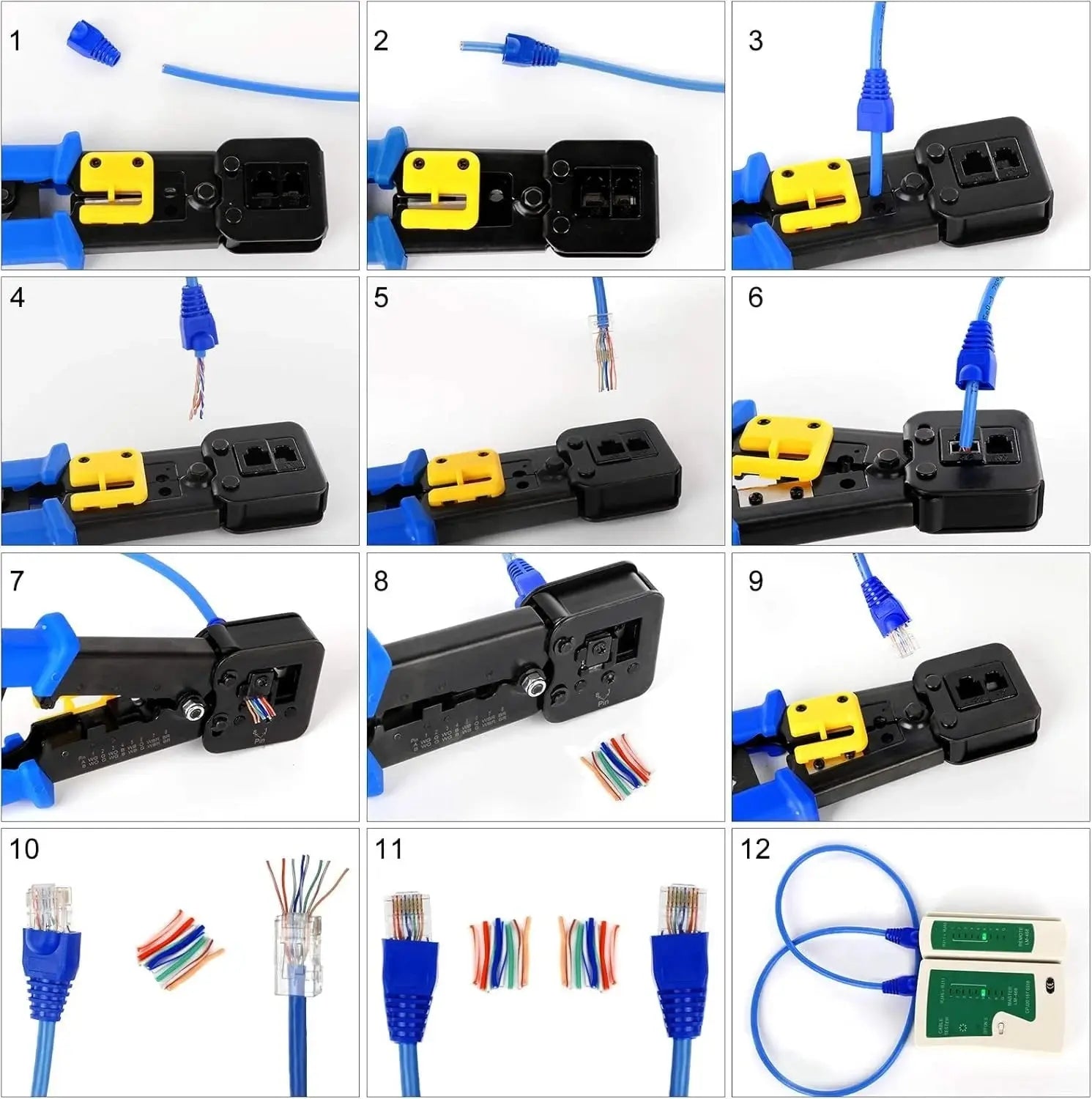 FEDUS RJ45 Crimping Tool Kit, Passthrough Crimping Tool rj45 Crimping machine for Cat6A Cat6 Cat5E Cat5 RJ45 Ethernet tool kit, 25PCS rj45 Passthrough Connector, Cut and Strip Tool Blue COMBO-1 FEDUS