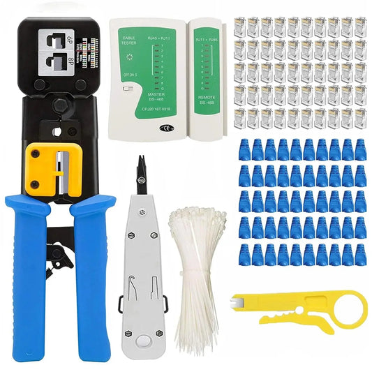 FEDUS RJ45 Crimping Tool Kit, Passthrough Crimping Tool rj45 for Cat6A Cat5e Cat5 RJ45, 25PCS rj45 Connector & Boot Covers, Network lan Tester, Cut and Strip Tool, 25 Cable Ties & KD-1 Punch Down Tool Blue COMBO-3 FEDUS