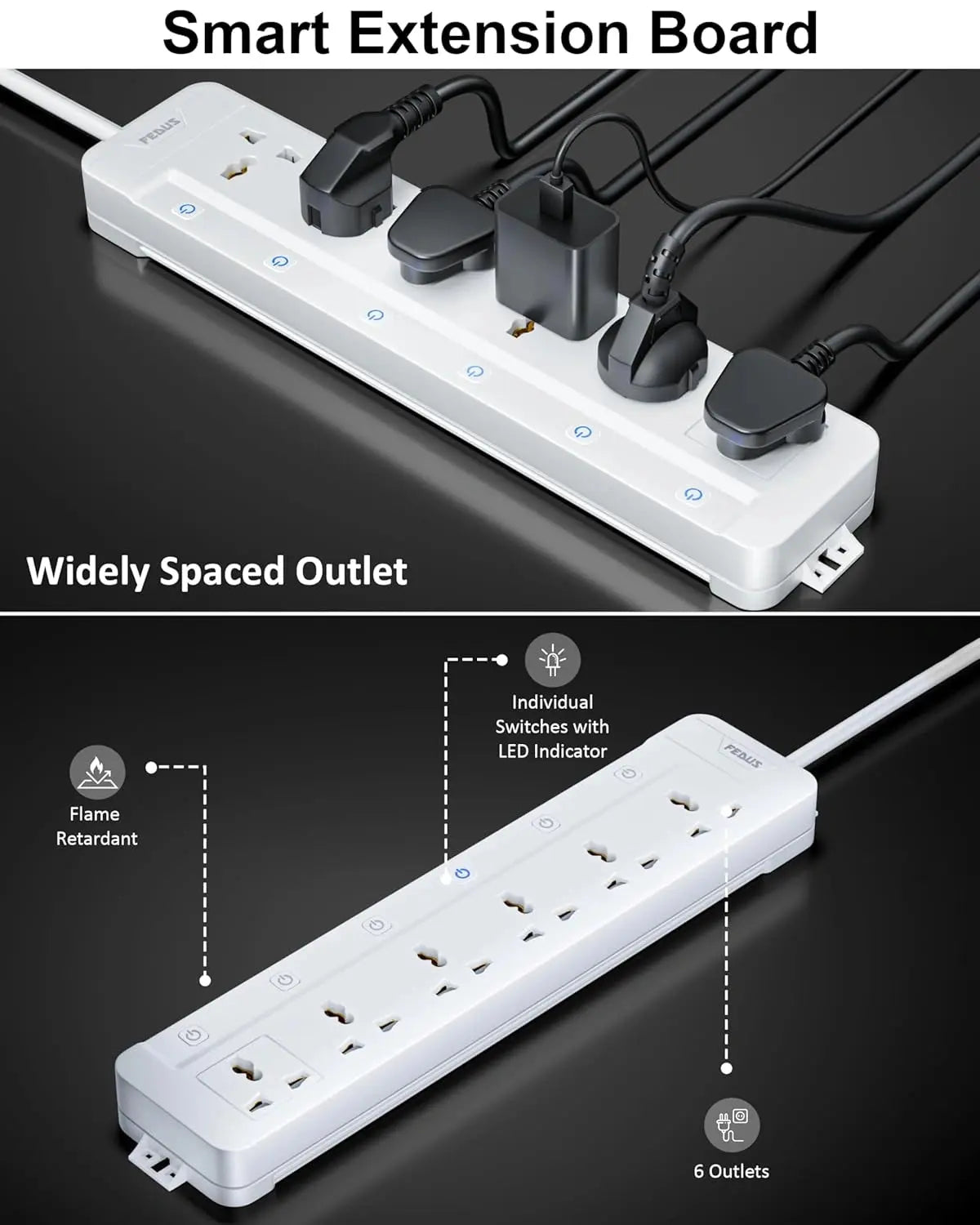 FEDUS Surge Protector, 6 Universal Sockets with Individual Switch, Long Cable, Extension Board Cord, Automatic Overload Protection, Fireproof Power Strip Switch Board, Spike Guard FEDUS