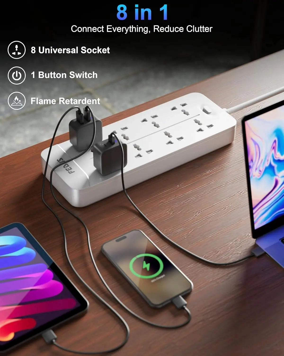 FEDUS Surge Protector, 8 Universal Sockets with MOV, OLP Protection, Long Cable, Extension Board Cord, Automatic Overload Protection, Fireproof Power Strip Switch Board, Spike Guard FEDUS