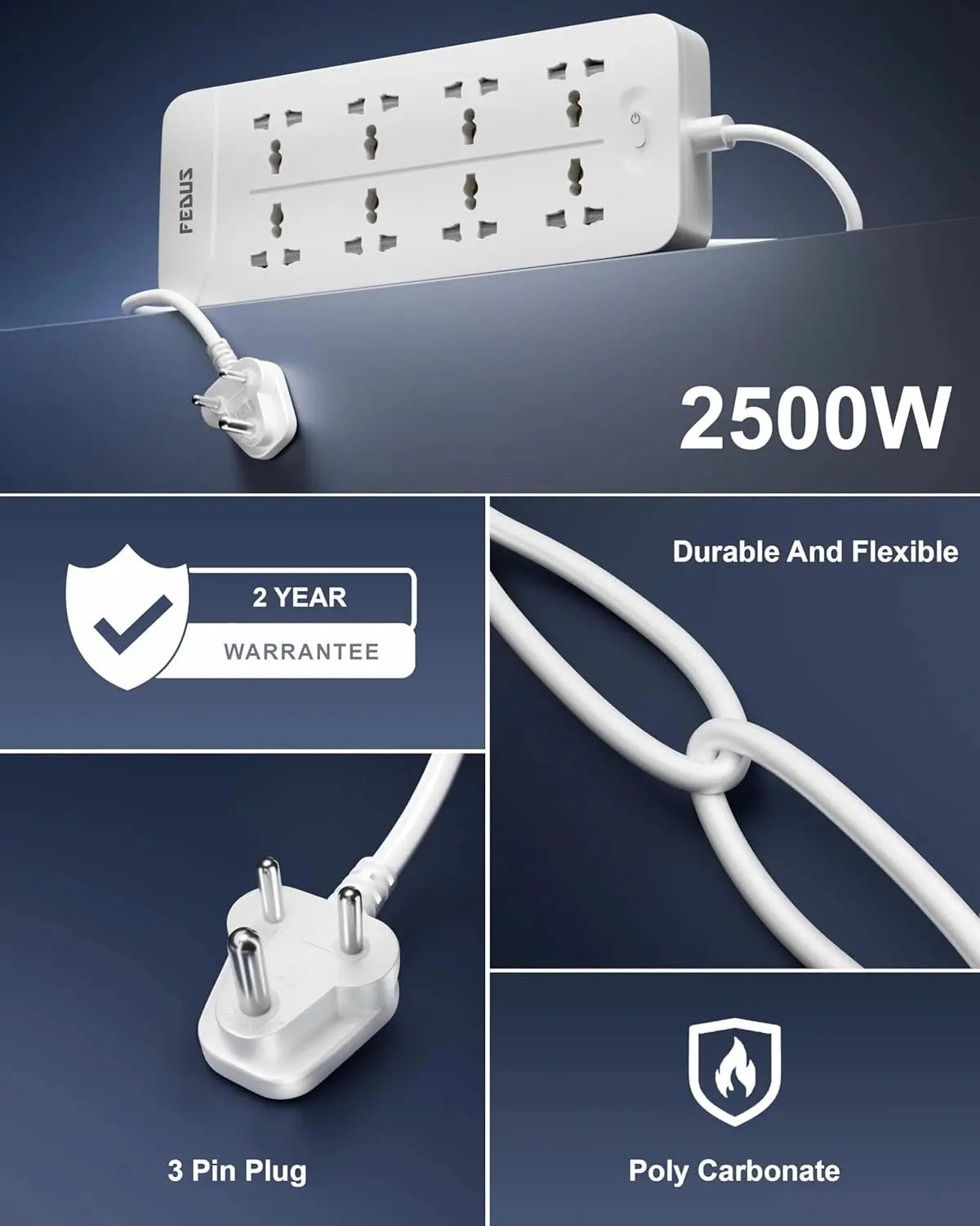 FEDUS Surge Protector, 8 Universal Sockets with MOV, OLP Protection, Long Cable, Extension Board Cord, Automatic Overload Protection, Fireproof Power Strip Switch Board, Spike Guard FEDUS