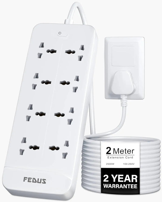 FEDUS Surge Protector, 8 Universal Sockets with MOV, OLP Protection, Long Cable, Extension Board Cord, Automatic Overload Protection, Fireproof Power Strip Switch Board, Spike Guard FEDUS