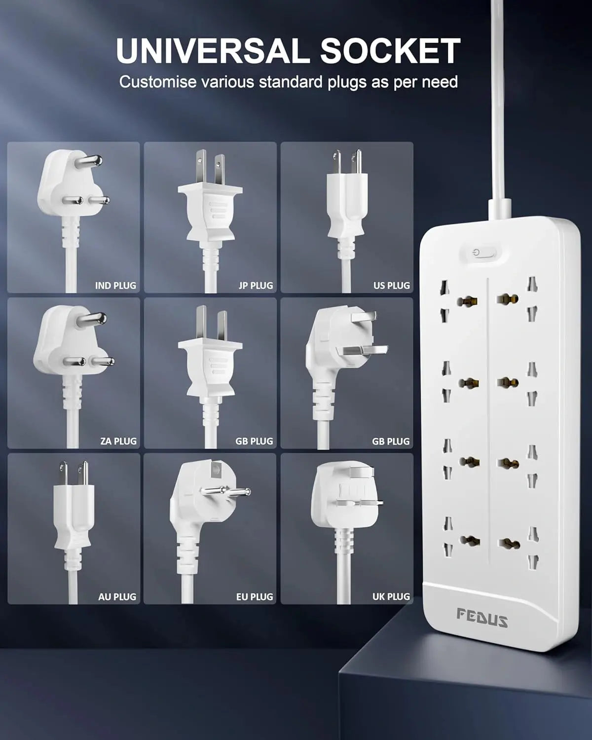 FEDUS Surge Protector, 8 Universal Sockets with MOV, OLP Protection, Long Cable, Extension Board Cord, Automatic Overload Protection, Fireproof Power Strip Switch Board, Spike Guard FEDUS