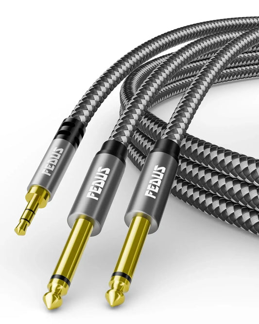 FEDUS Gold Plated Oxygen Free Copper 3.5mm 1/8" TRS to Dual 6.35mm 1/4" TS Mono Stereo Y-Cable Splitter Cord Compatible for Phones, Sound Cards, CD Players, Multimedia Speakers, Home Stereo FEDUS