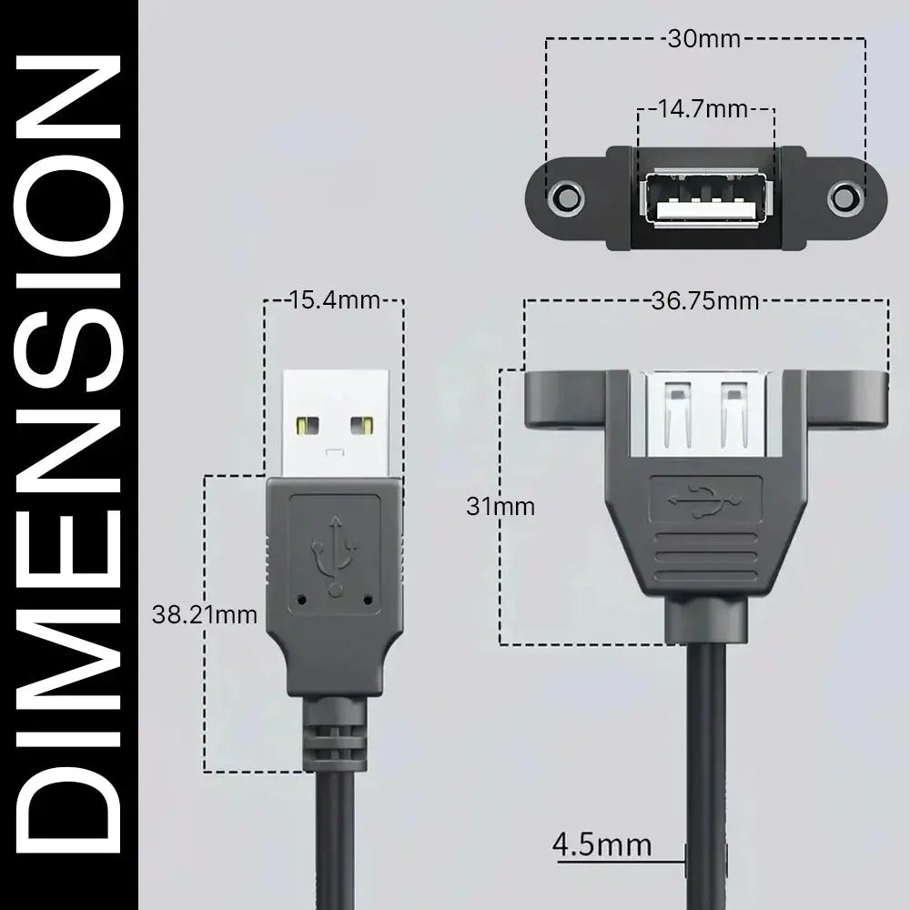 FEDUS Panel- Mount USB 2.0 Male to Female Extension Cable, 17-inch /43cm USB 2.0 Type A Male to Type A Female with Screw Hole Panel Mount Adapter External Cable FEDUS