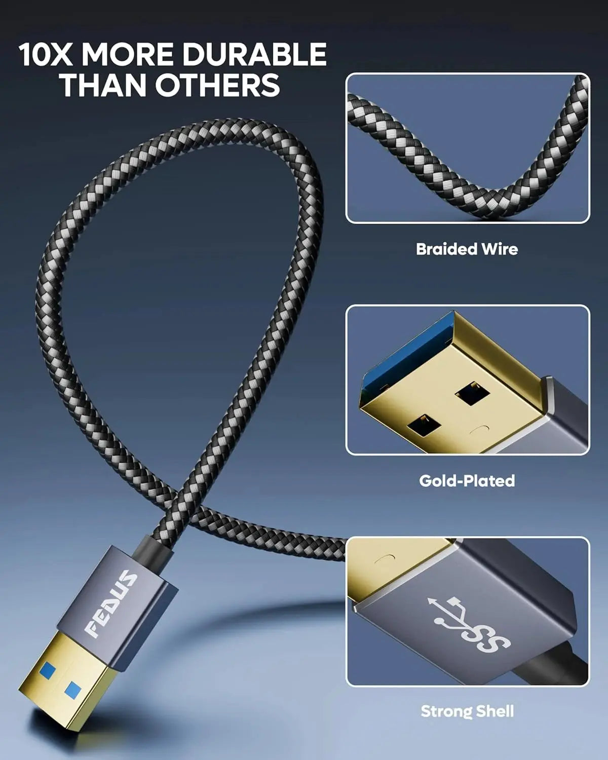 FEDUS USB 3.0 Male to Male Cable High-Speed 5Gbps Data Transfer, Premium Nylon Braided USB to USB Cord 24K Gold-Plated Connectors for Hard Drive Enclosure,Laptop Cooling Pad, Smart TV, DVD FEDUS