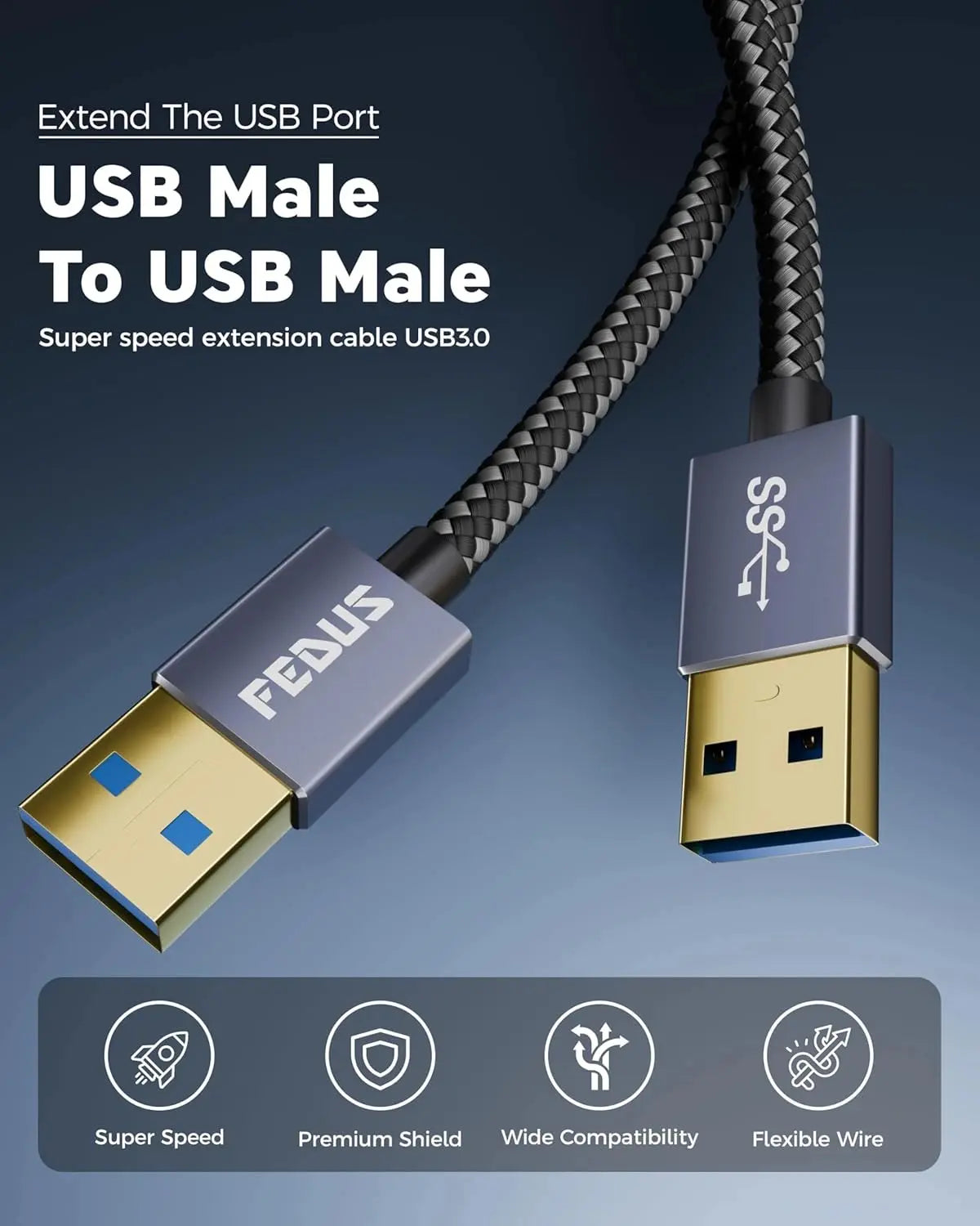 FEDUS USB 3.0 Male to Male Cable High-Speed 5Gbps Data Transfer, Premium Nylon Braided USB to USB Cord 24K Gold-Plated Connectors for Hard Drive Enclosure,Laptop Cooling Pad, Smart TV, DVD FEDUS