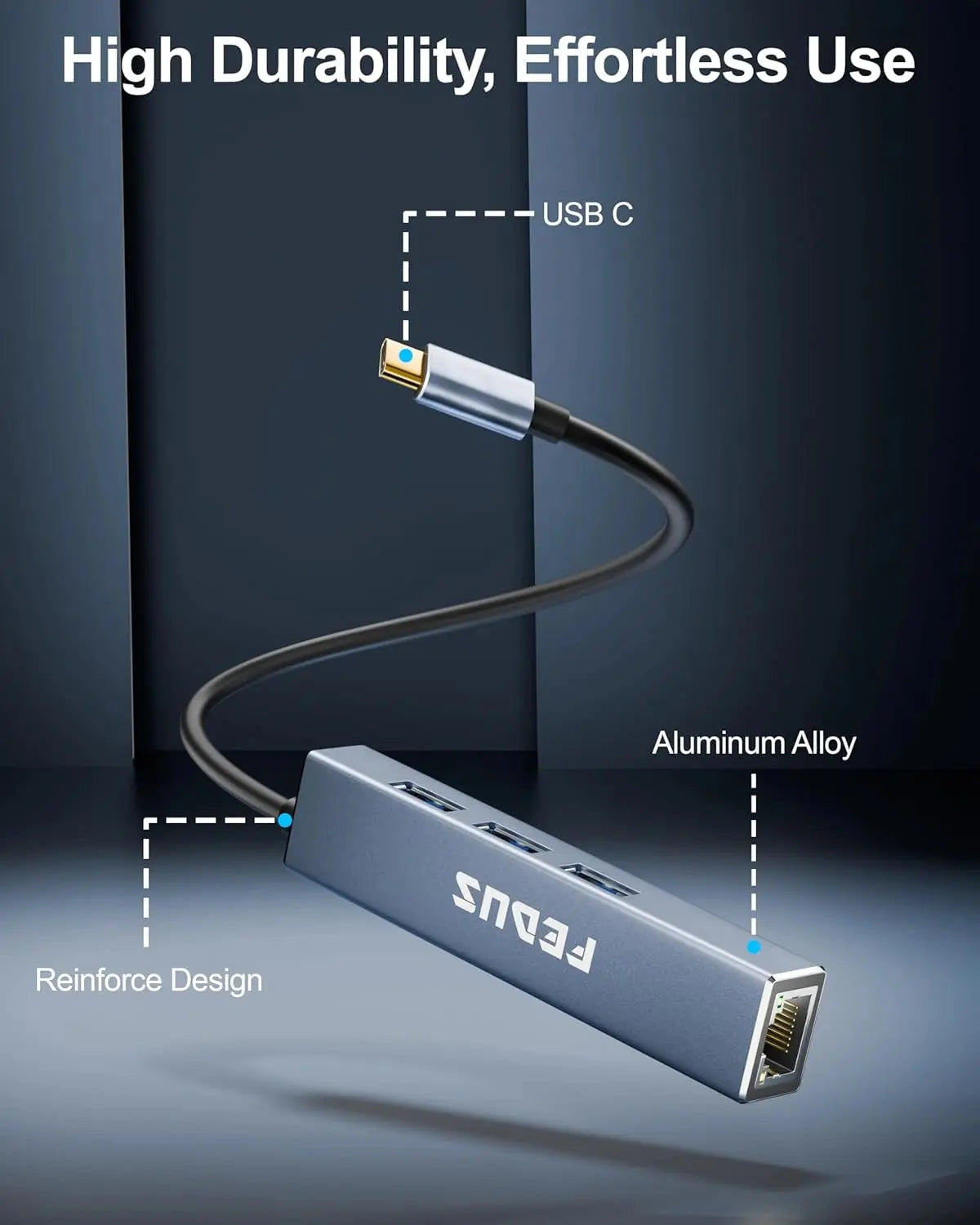FEDUS USB C to Ethernet Adapter, 3-Port USB 3.0 Hub with RJ45, Gigabit ethernet LAN to USB Type c Converter, LAN to USB Connector, Network Adapter for Phone, MacBook Pro/Air, iPad Pro, XPS, Surface FEDUS