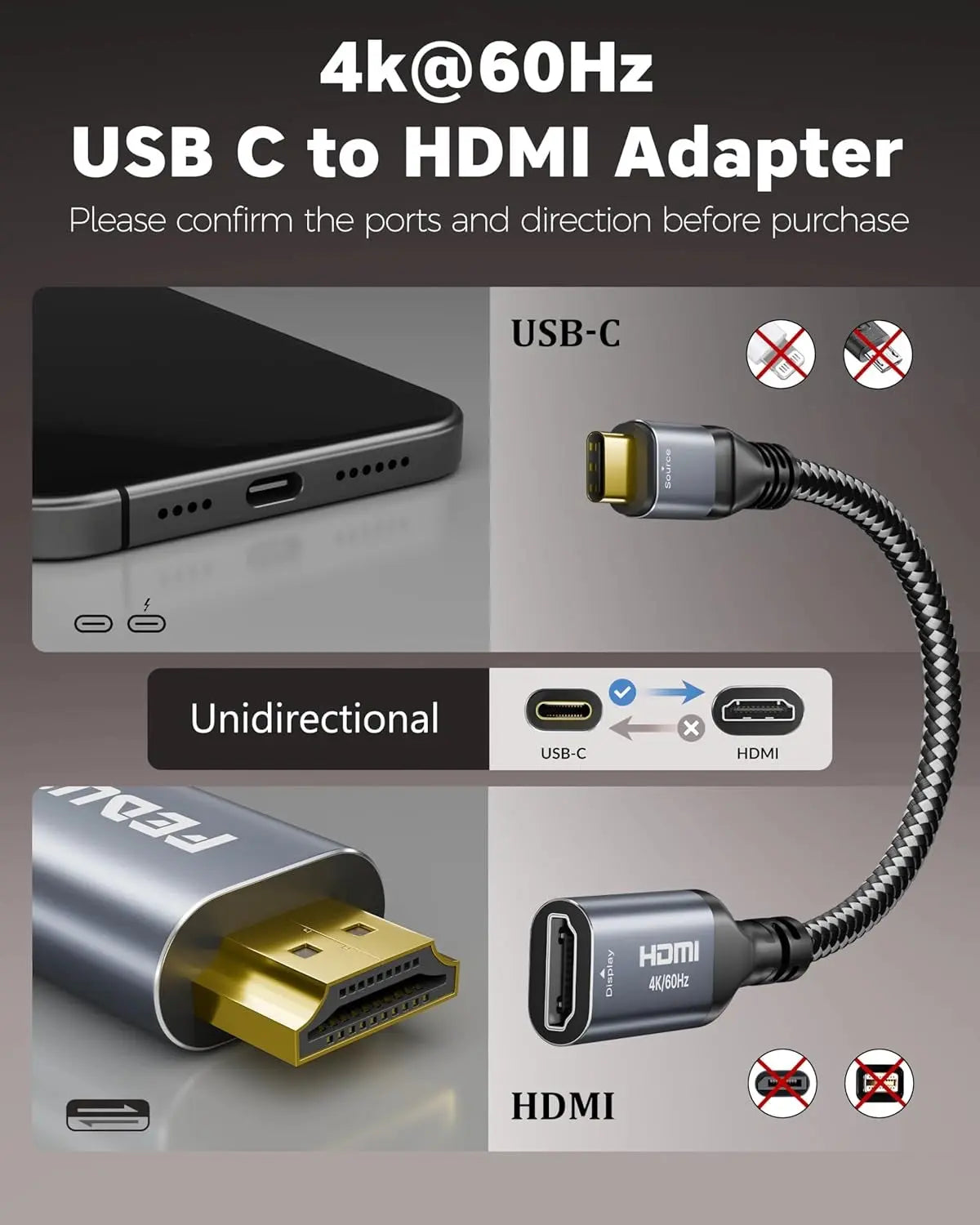 FEDUS USB C to HDMI Adapter 4K@60Hz Type-C to HDMI Female Converter Cable, Portable C Port HDMI Adapter Connector Hub for TV, Monitor and MacBook Pro/Air, Ipad, Surface, Samsung Galaxy Note, XPS FEDUS