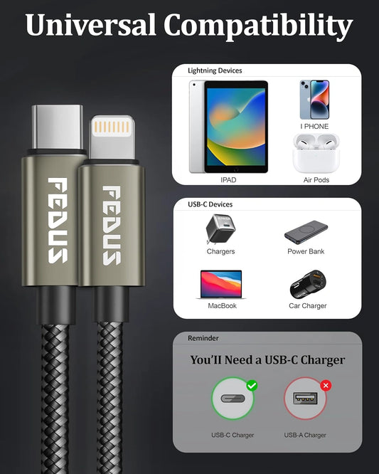 FEDUS USB C to Lightning Cable Fast Quick Charge Support Type C to Lightning Cable Nylon Braided sync Charging Cord for Car, iPhone, iPad, AirPods MacBook,14/14 Pro/14 Pro Max/13/13 Pro/12/12