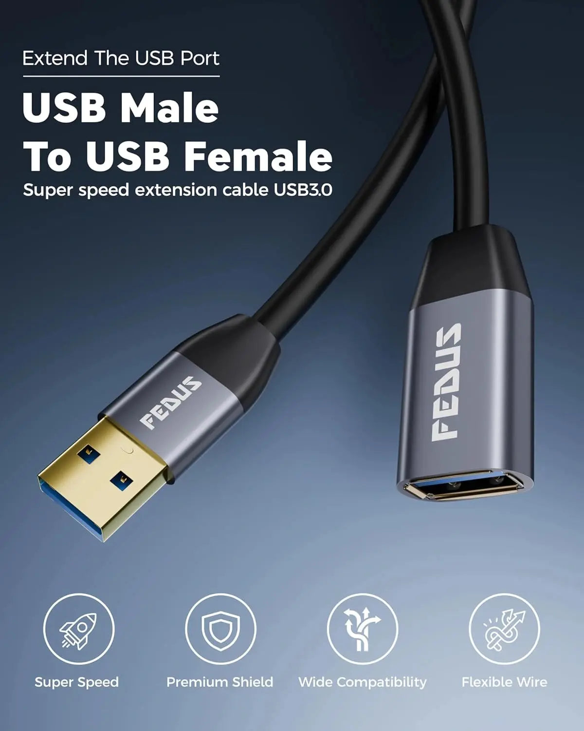 FEDUS USB Extension Cable 3.0 Long usb Male to Female Extender cable for 5Gbps High Data Transfer, TV, PC, Laptop, Camera, Keyboard, Mouse, USB Flash Drive, Hard Drive, Printer, Game controller FEDUS