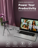 Laptop with video call on screen, camera on tripod, and text about improving visual experience and power productivity.