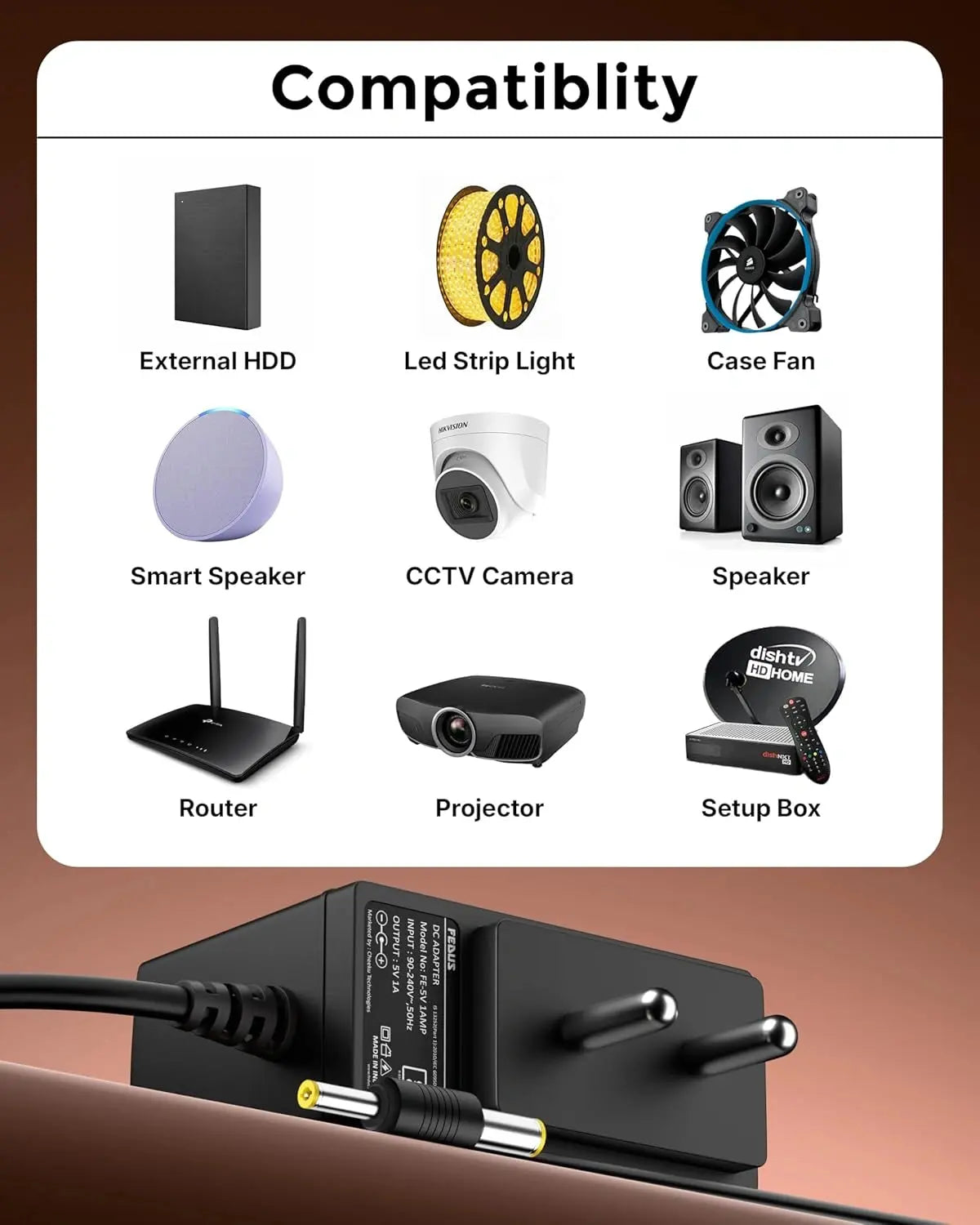 FEDUS VOLTURA 5V 1A DC Power Adapter (2 Meter Long Wire) | 5 Volt 1 Amp AC to DC Charger for Set Top Box, CCTV, Router, LED Strip | Dual Connector (5.5mm & 4.0mm Pin) | Surge Protection & ABS Body FEDUS