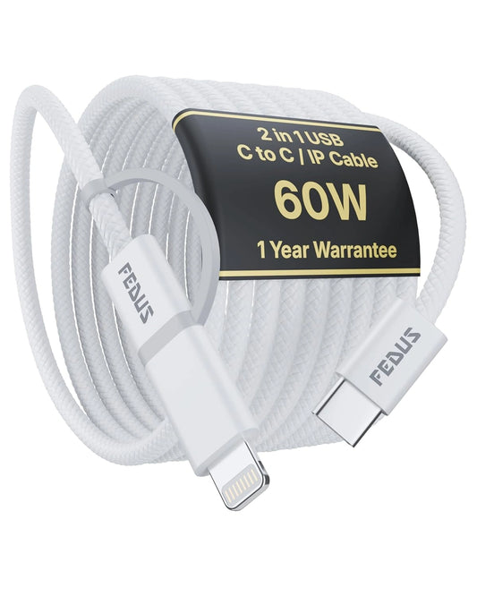 FEDUS ZETTA 2 in 1 USB C & Lightning 60W PD Fast Charging Cable for iPhone, Samsung, iPad & MacBook