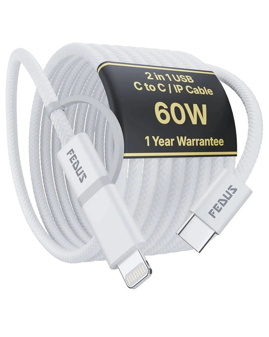 FEDUS ZETTA 2 in 1 USB C & Lightning 60W PD Fast Charging Cable for iPhone, Samsung, iPad & MacBook