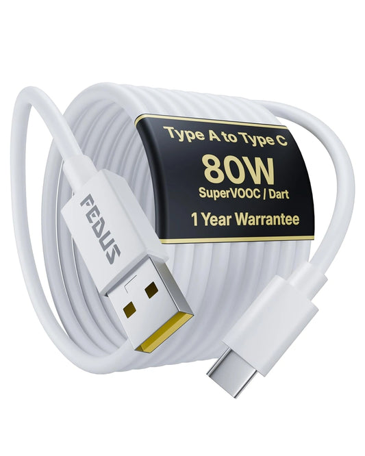 FEDUS ZETTA 80W USB A to Type C Fast Charging Cable for Realme, Oppo & OnePlus SuperVOOC Phones, 1M White Data Sync Cord