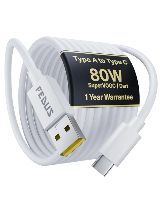 FEDUS ZETTA 80W USB A to Type C Fast Charging Cable for Realme, Oppo & OnePlus SuperVOOC Phones, 1M White Data Sync Cord