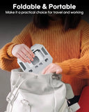 Person holding a foldable and portable device, likely a travel or working accessory, with text emphasizing its portability.