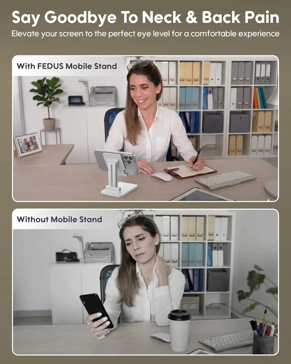 Comparison of a woman using a computer with and without a FEDUS mobile stand to alleviate neck and back pain.